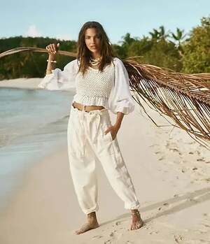 Free People Sky Rider Straight-Leg Ecru Paperbag Waist Pants Large
